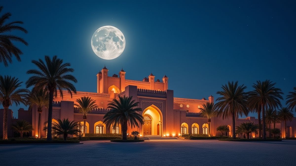 Un palacio árabe iluminado por la luz de la luna.