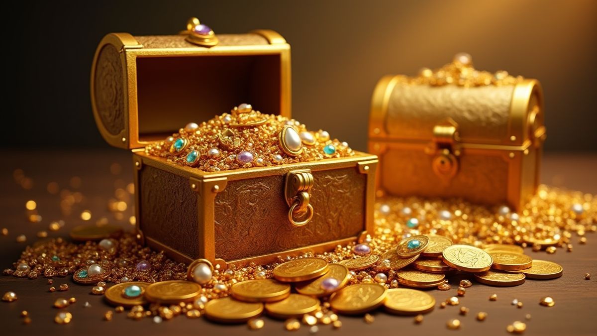 Cofres del tesoro llenos de joyas y monedas.