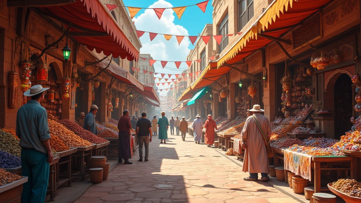 Un mercado árabe lleno de vida y color.