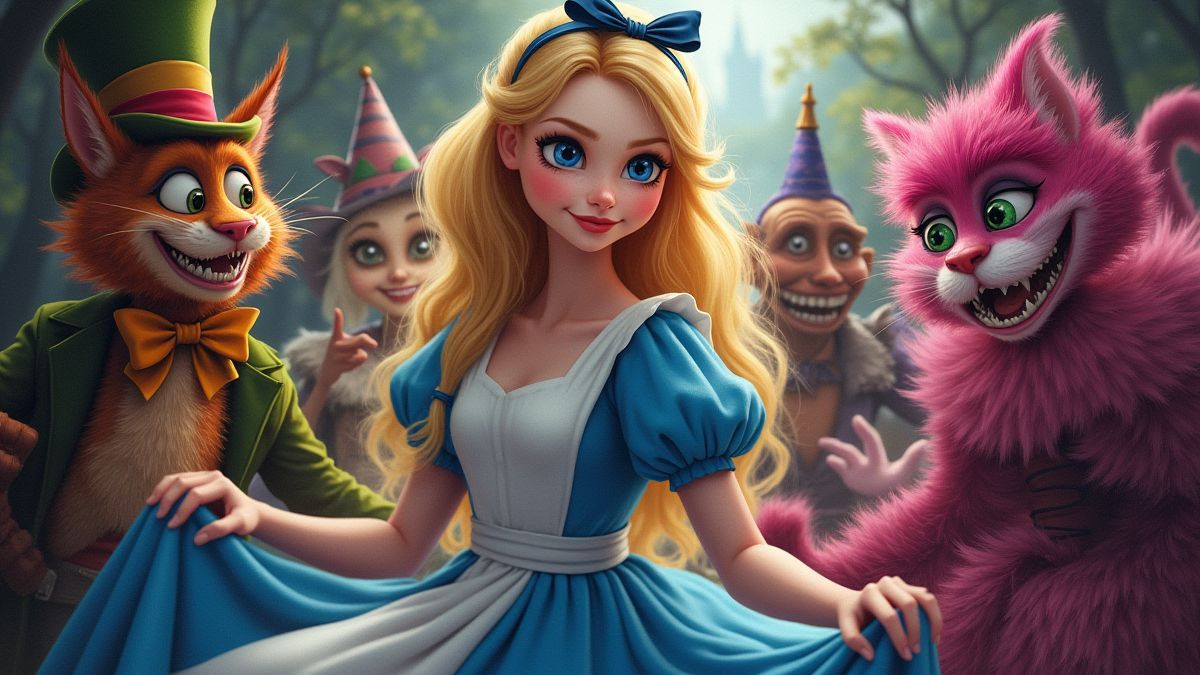 Alice zusammen mit magischen Charakteren aus dem Wunderland.
