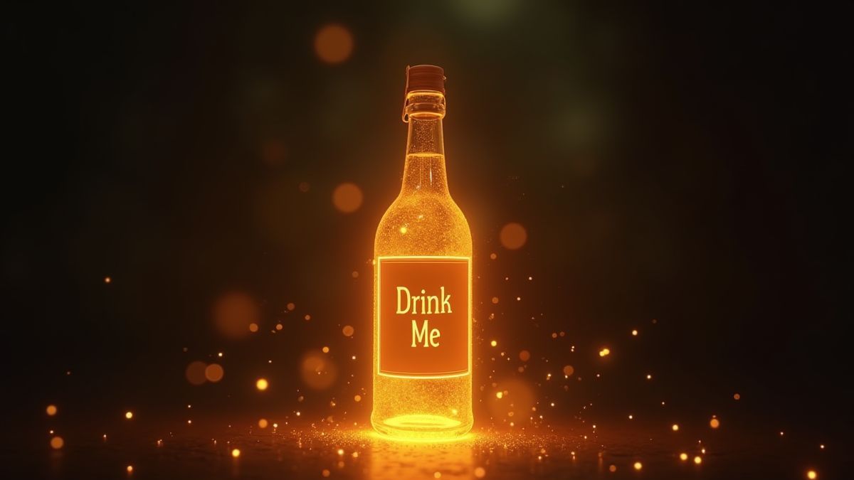 Magische Flasche mit dem Etikett 'Drink Me', die in goldenem Licht leuchtet.
