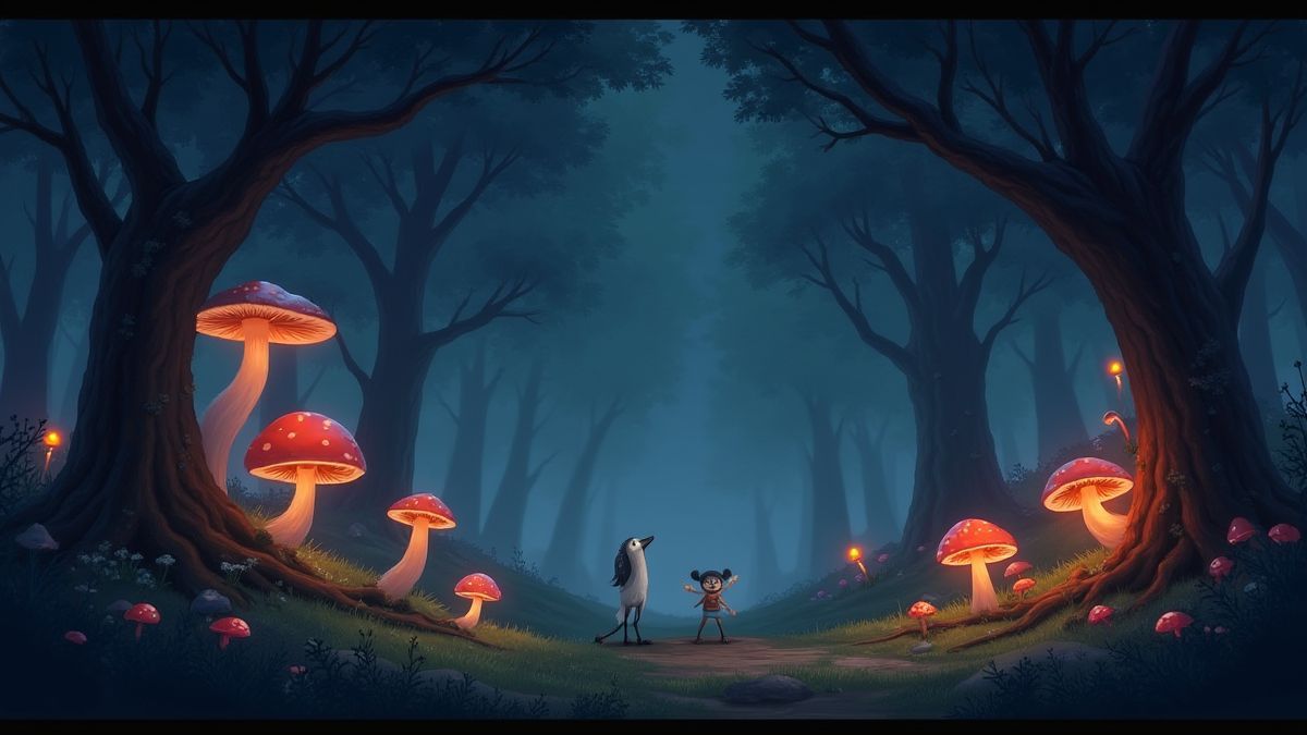 A magical forest full of glowing mushrooms and fantastic creatures.