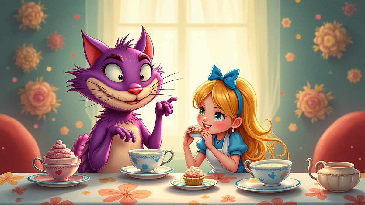 A tea party scene with Alice and the Cheshire Cat.