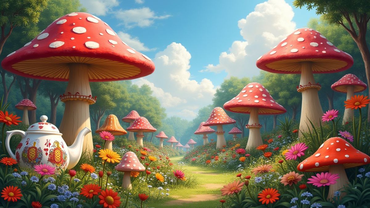Un jardin magique avec des éléments fantastiques comme des champignons géants et des théières.