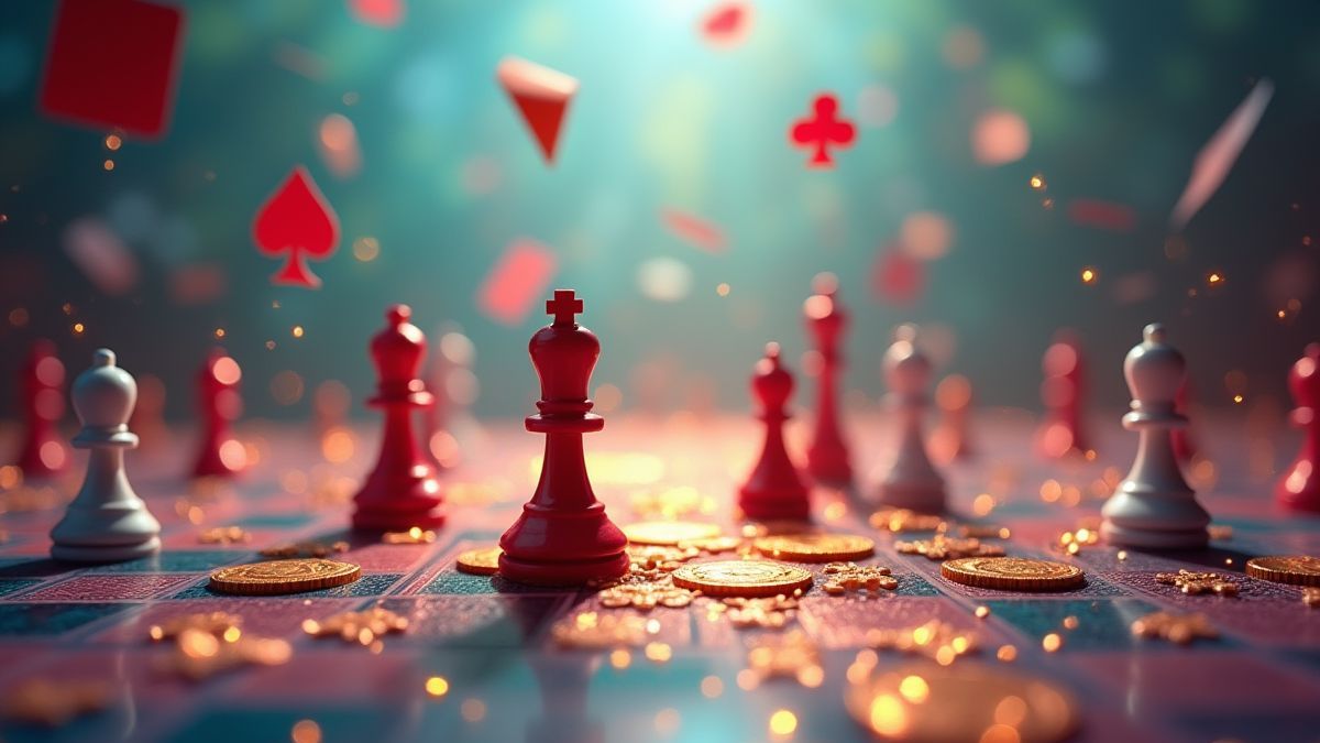 Un campo lleno de colores y símbolos de cartas flotantes.