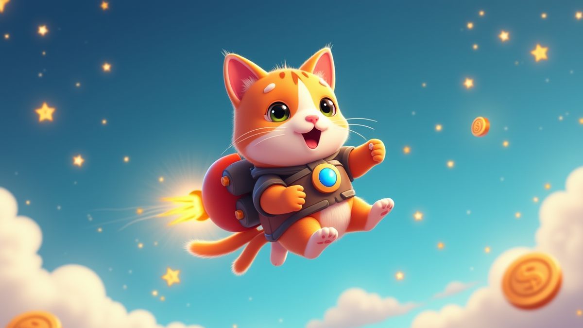 Un gato con jetpack navegando por un cielo lleno de estrellas brillantes.