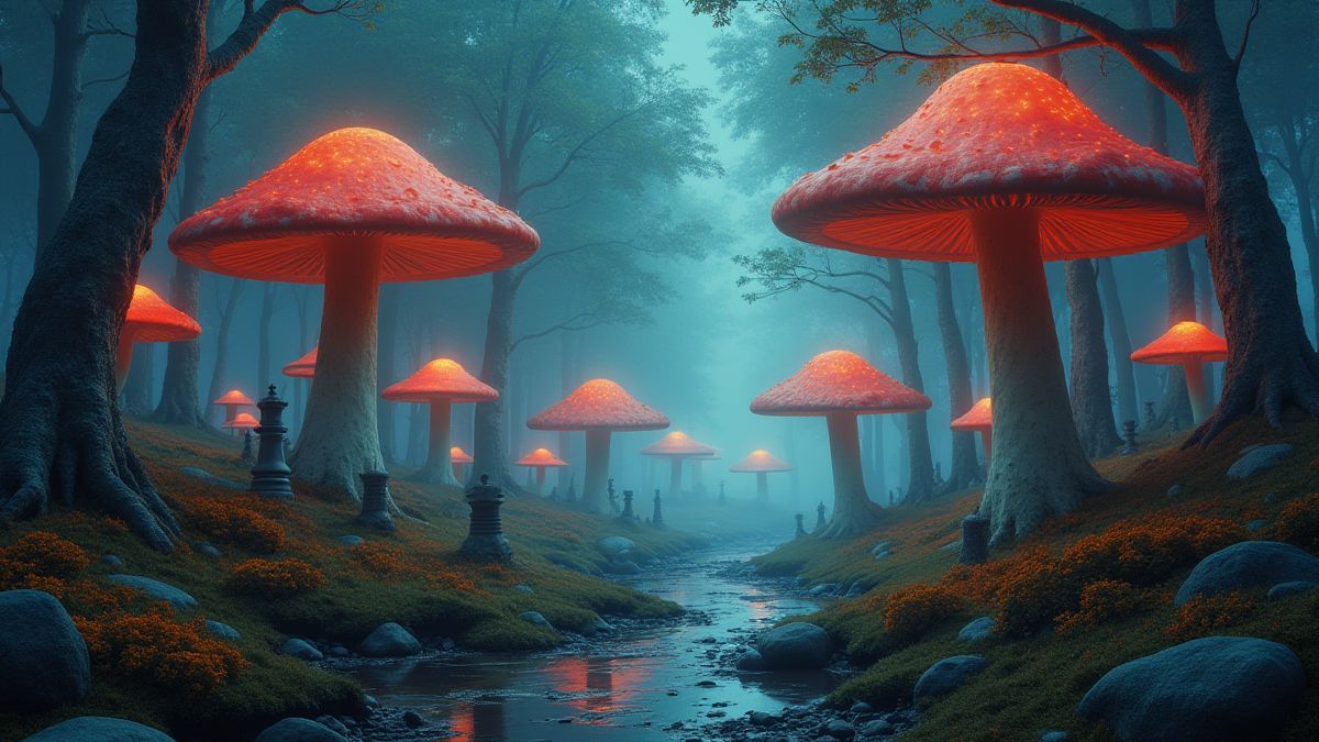 Un paisaje surrealista con setas gigantes y piezas de ajedrez flotantes.