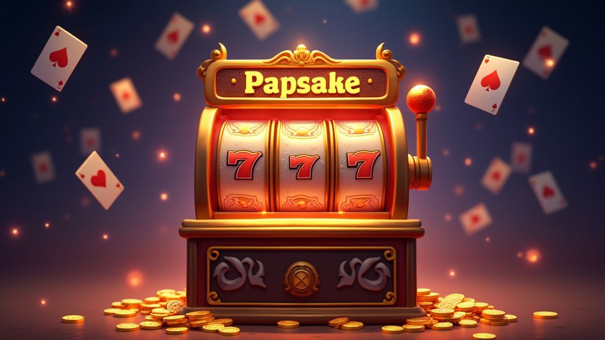 A slot machine surrounded by magical elements like floating cards and shiny coins.
