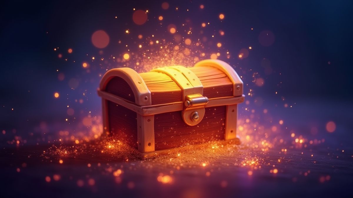 A glowing treasure chest surrounded by magical sparkles and vibrant colors.