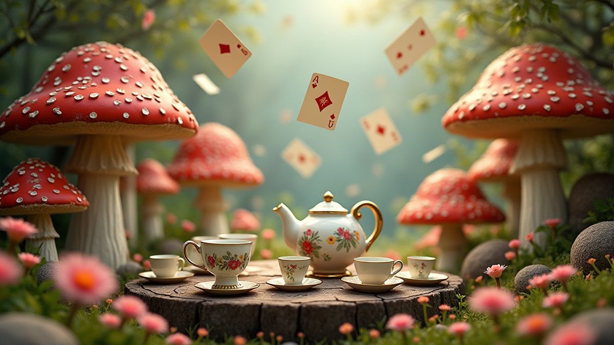 A magical scene with a tea party surrounded by giant mushrooms and floating cards.
