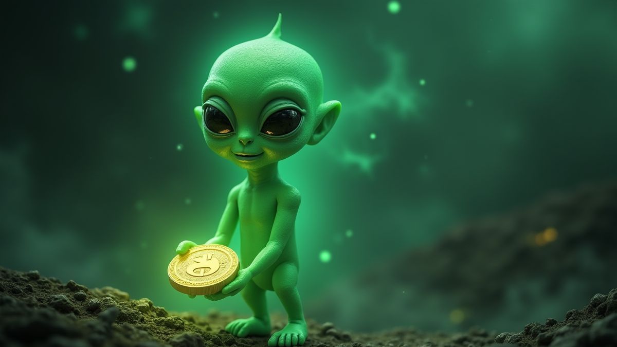Alien holding a golden coin in a cosmic environment.