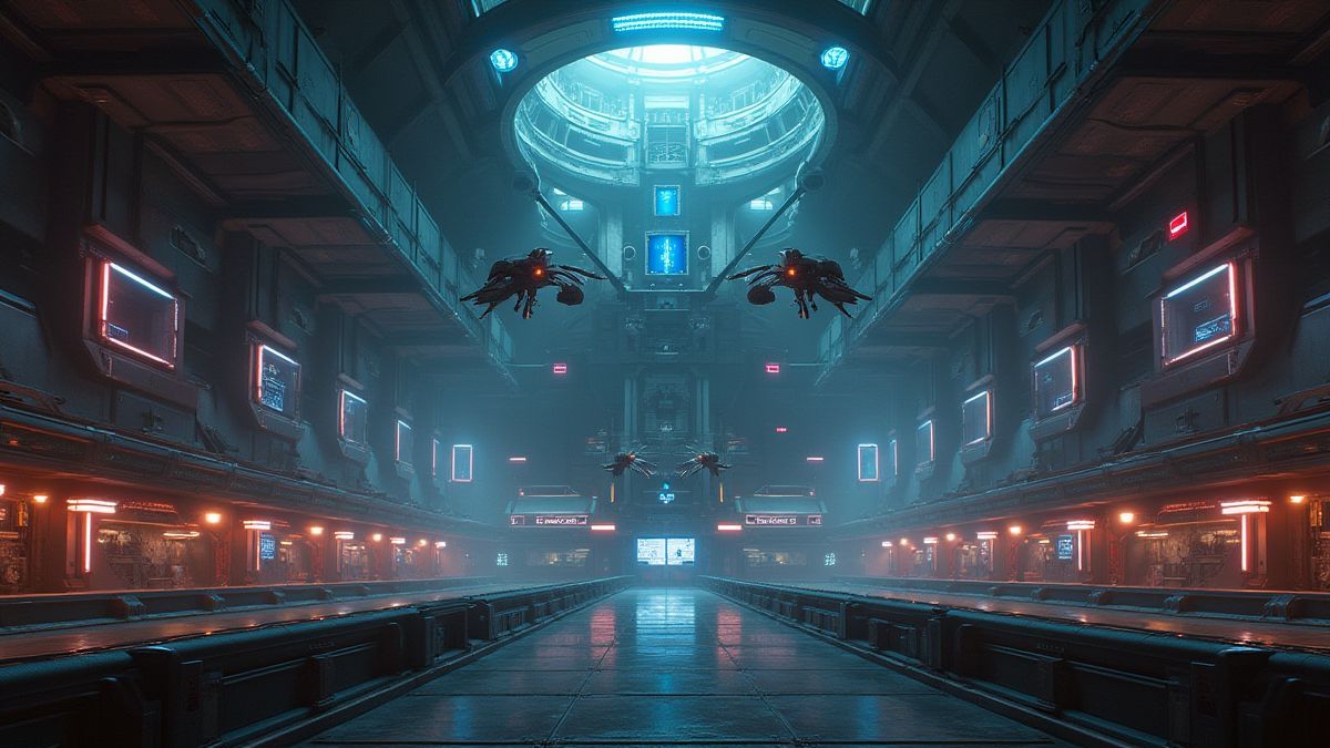 Futuristic space station with bright lights and floating alien ships.
