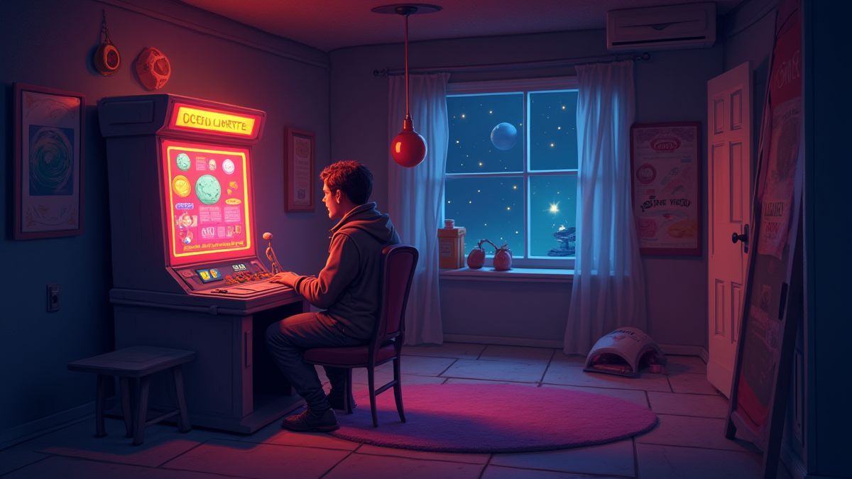 Player in a space-themed room enjoying a slot machine.