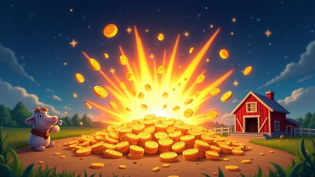 Explosión de jackpot con monedas volando en una granja estrellada.