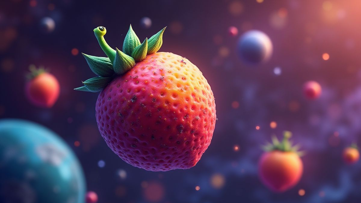 Buitenaardse vrucht die zweeft in een kosmische omgeving.
