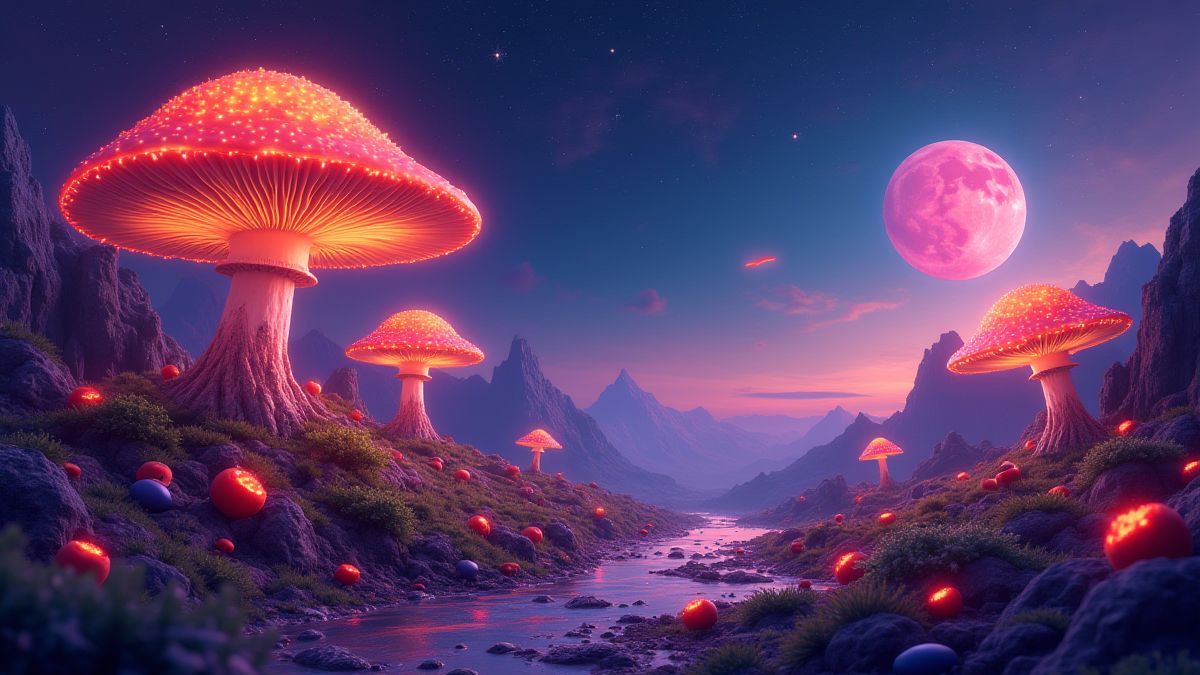 Buitenaardse planeet met oplichtende paddenstoelen en drijvende vruchten.