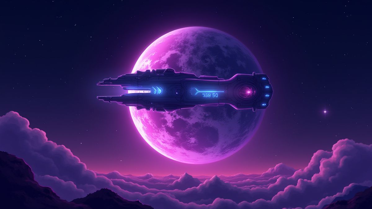 An alien spaceship over a glowing purple planet surrounded by stars.