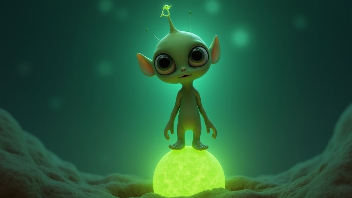 A cute alien on a glowing green planet.
