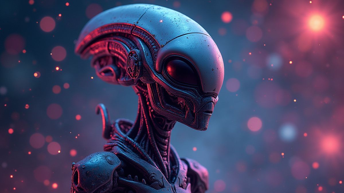 Futuristischer außerirdischer Roboter umgeben von bunten Sternen und Galaxien.