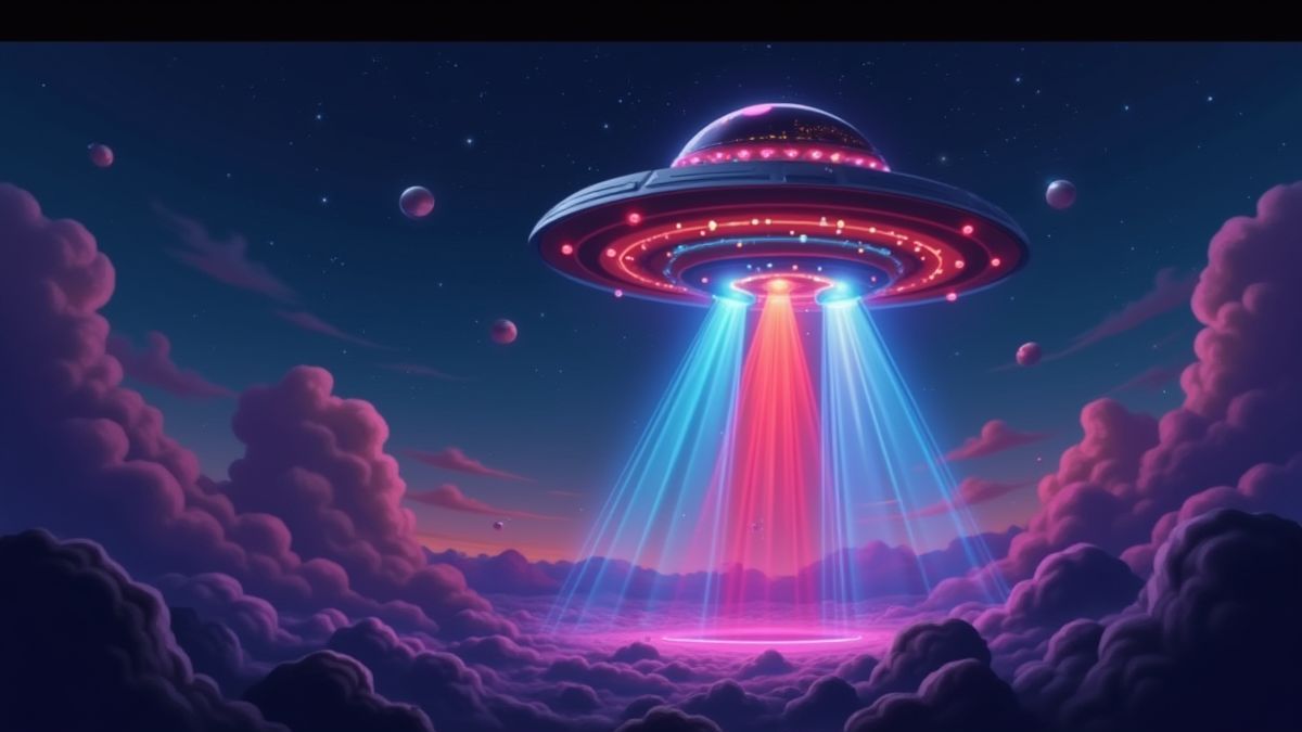 Animiertes UFO, das bunte Strahlen durch eine Galaxie schießt.