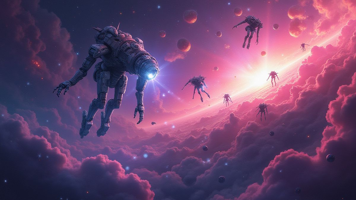 Lebendige Galaxie mit schwebenden Roboterteilen und bunten Nebeln.