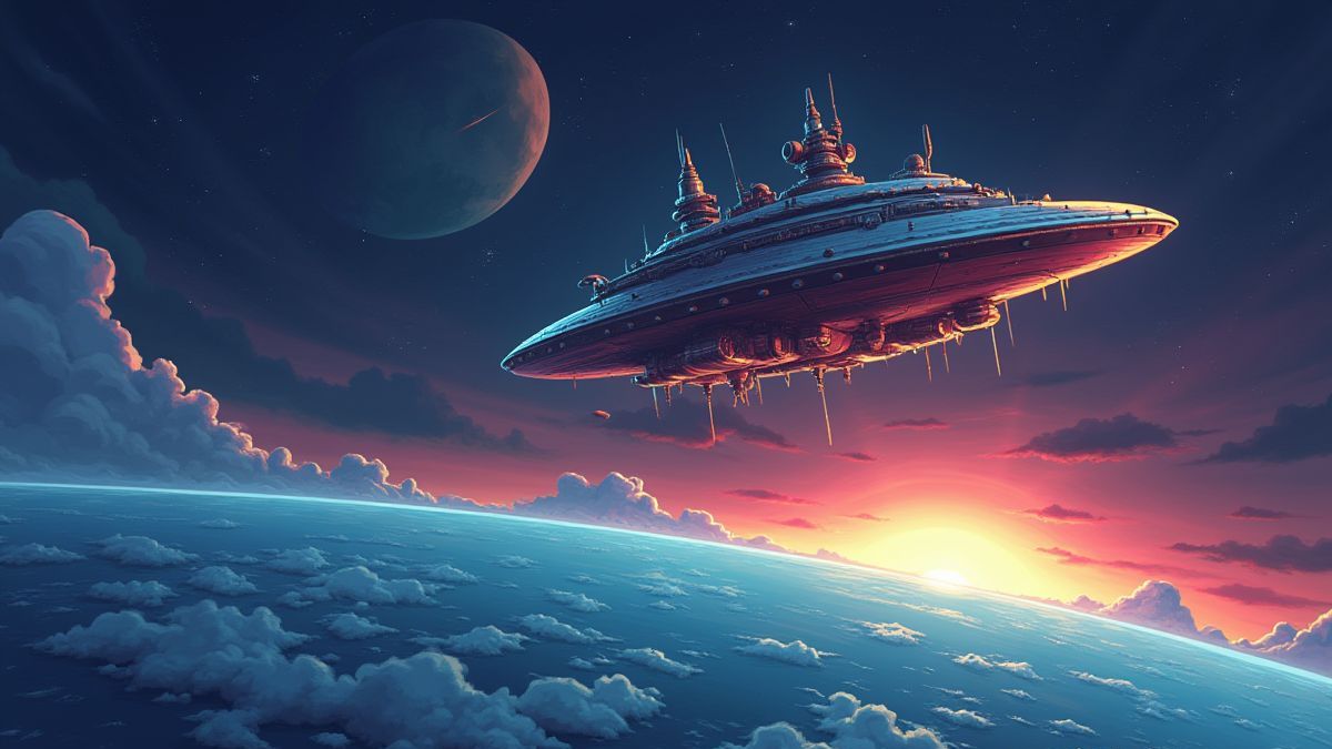 An alien spaceship hovering over Earth in animated style.