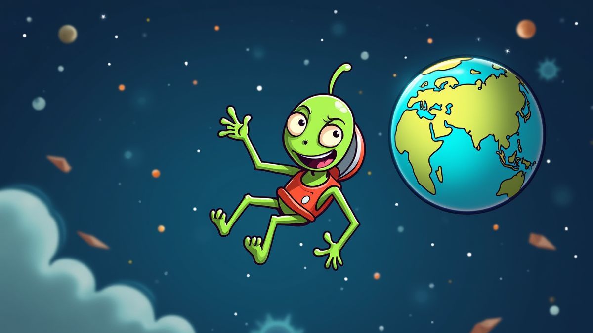 A funny alien floating in space with Earth in the background.