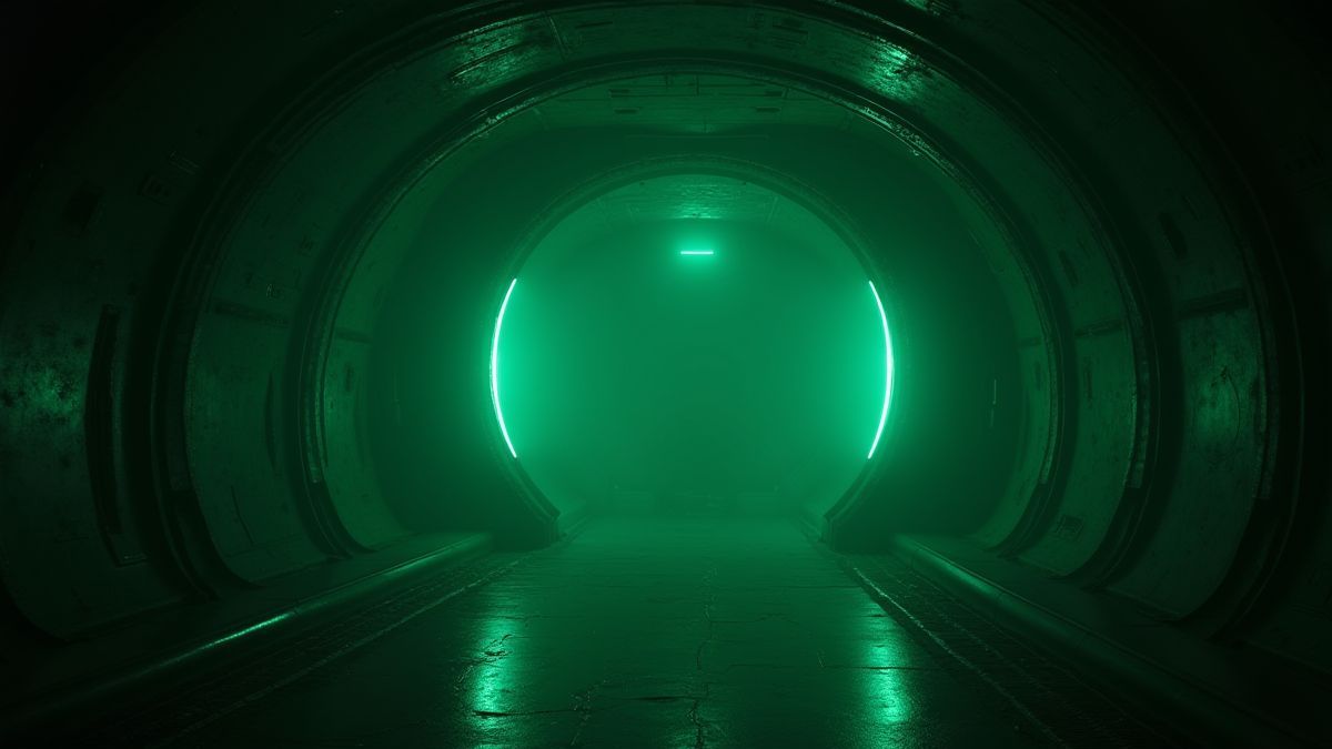 Innenraum eines dunklen Alienraumschiffes mit leuchtend grünen Lichtern und geheimnisvollen Schatten.