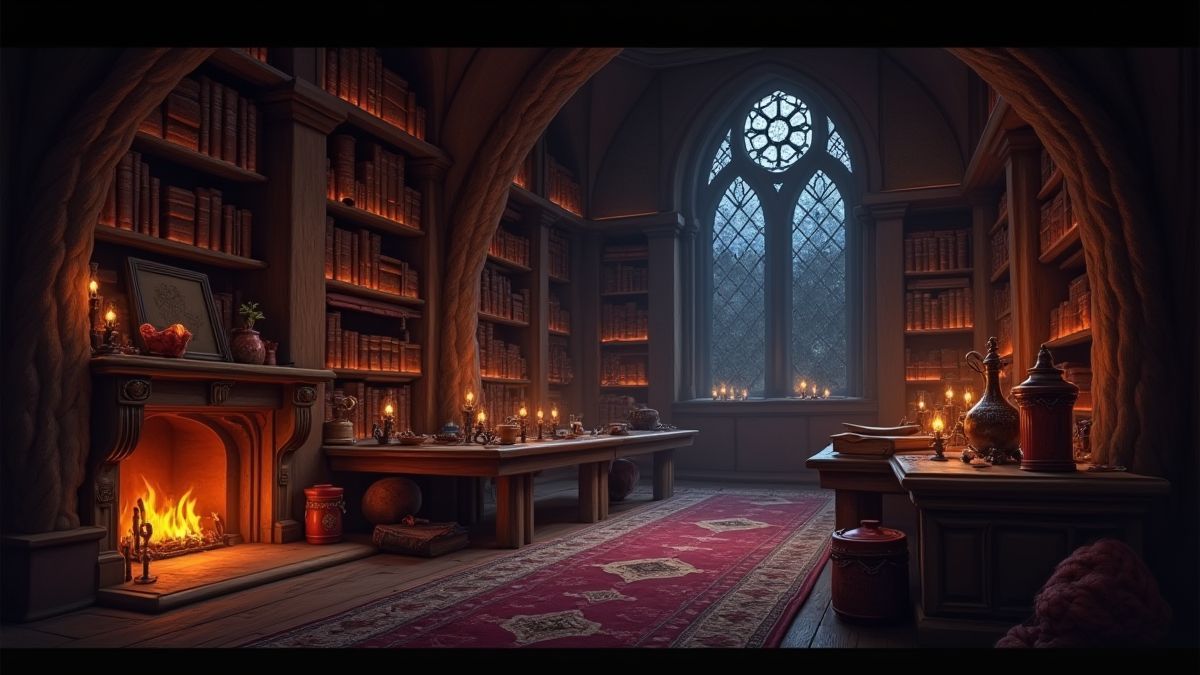 Una biblioteca de mago con libros mágicos y pociones brillantes.