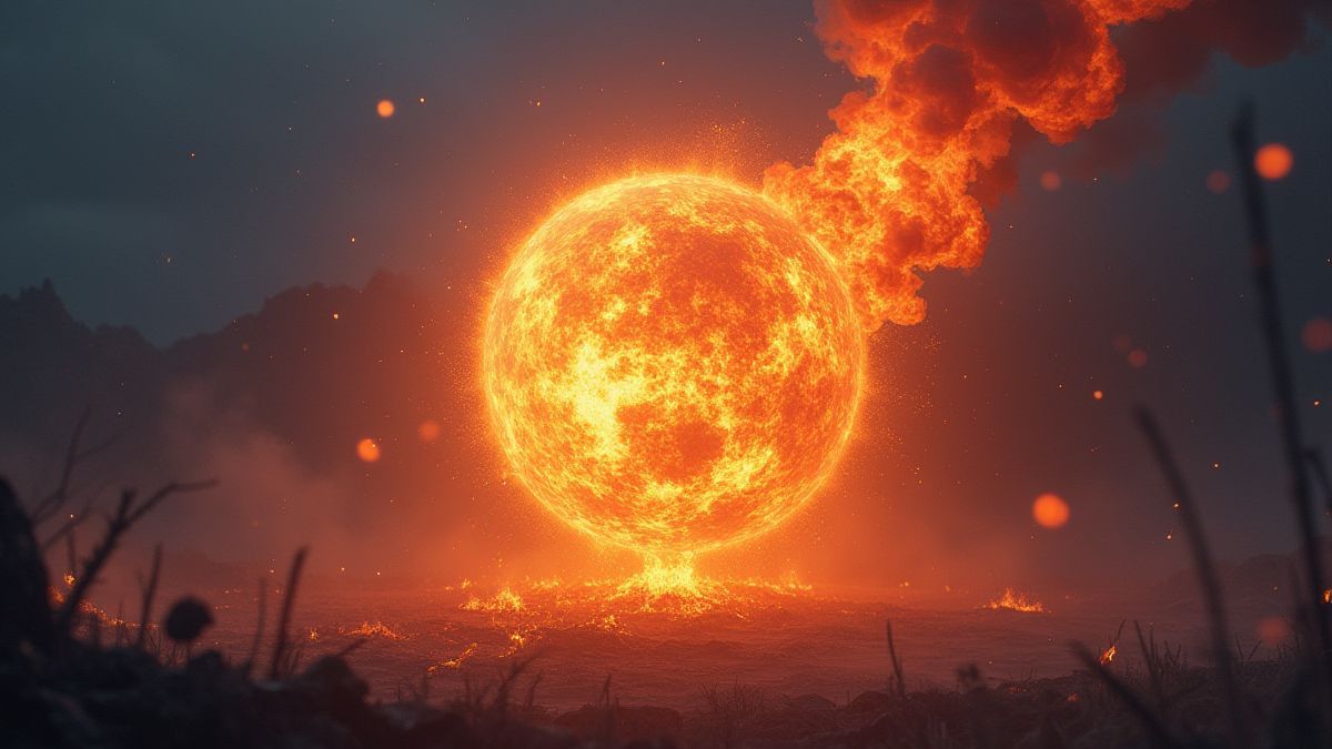 Una bola de fuego dramática en un entorno fantástico.