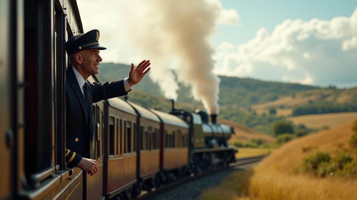 Un conductor saludando desde un tren de vapor con colinas al fondo