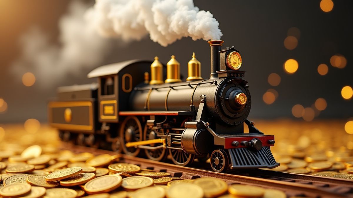 Locomotora de vapor rodeada de monedas doradas y campanas