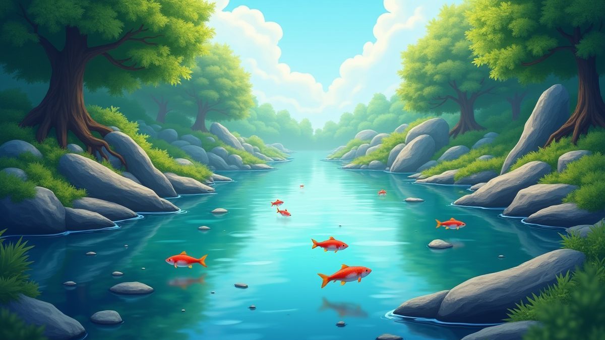 Rio tranquilo com peixes nadando e elementos naturais.