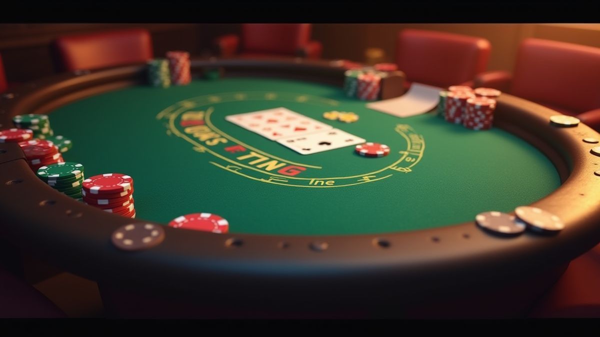 Mesa de pôker com fichas e cartas em um ambiente acolhedor.