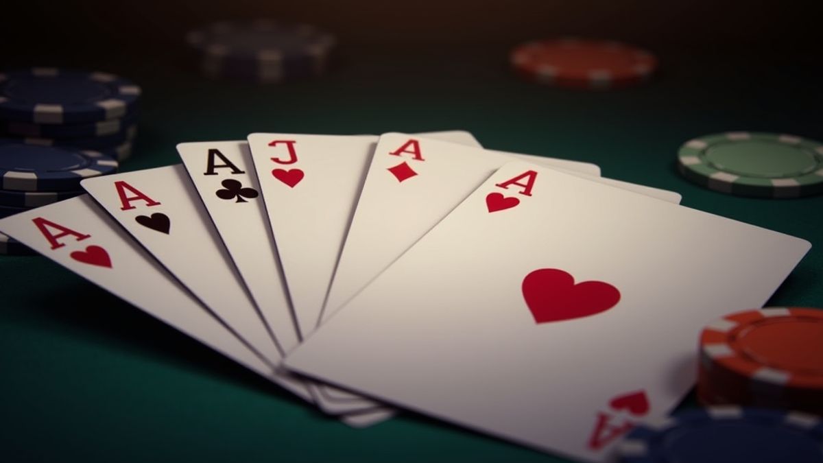 Mão de cartas de pôker com ases e fichas em uma mesa.