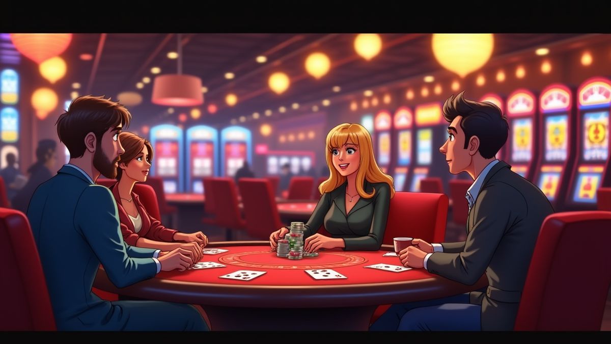 Cena de cassino animada com jogadores de pôker e slots.