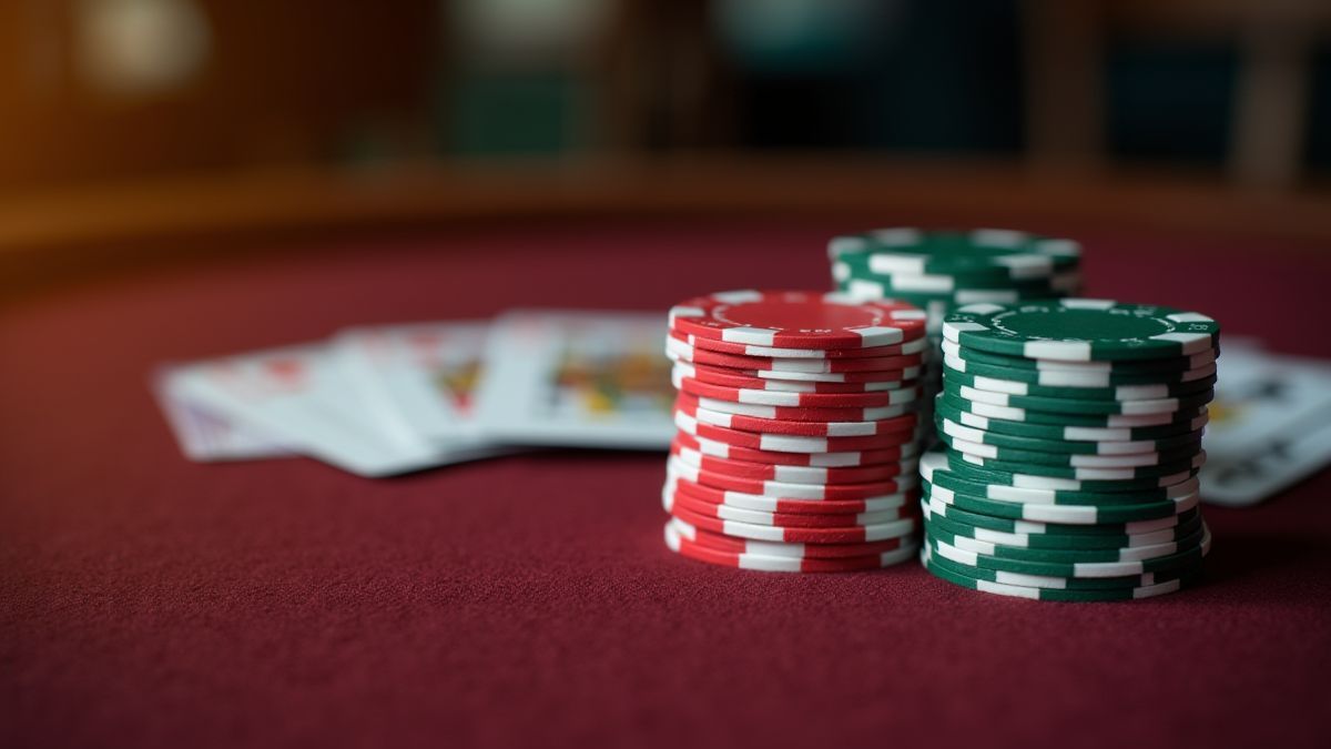 Fichas e cartas de pôquer sobre uma mesa de cassino.