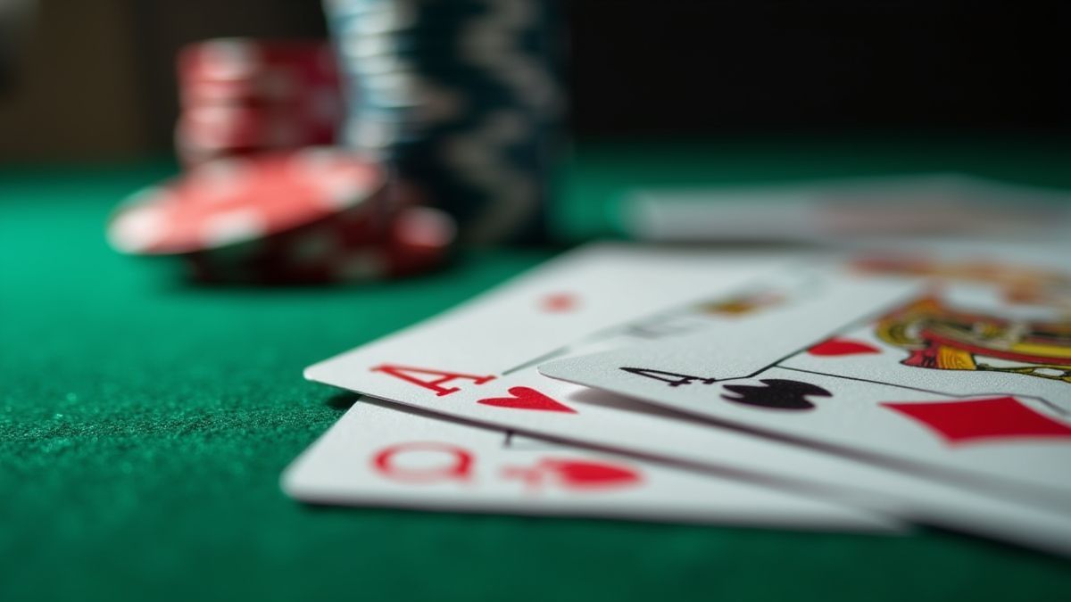 Cartas de pôquer e fichas sobre uma mesa de feltro verde.