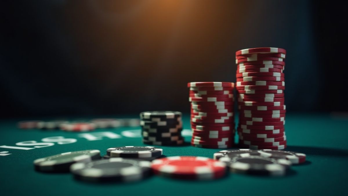 Table de poker avec jetons empilés pour représenter risque et récompense