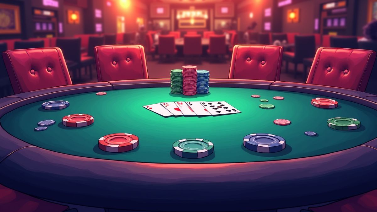 Table de poker avec cartes et jetons éparpillés