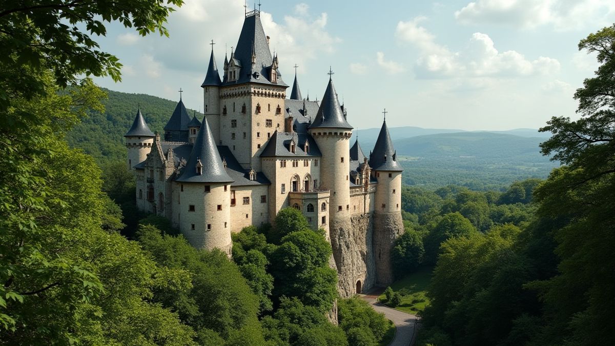 A medieval French castle surrounded by nature.