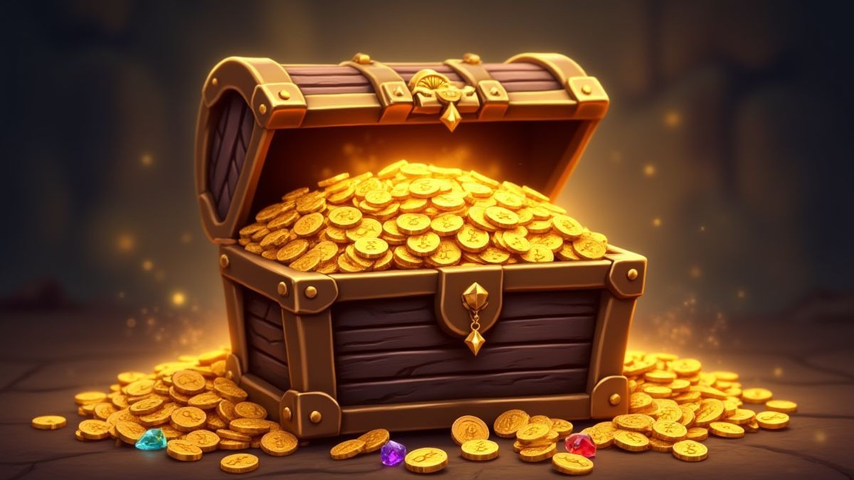 Treasure chest full of coins and jewels.