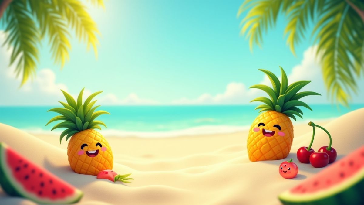 Frutas animadas en una playa tropical