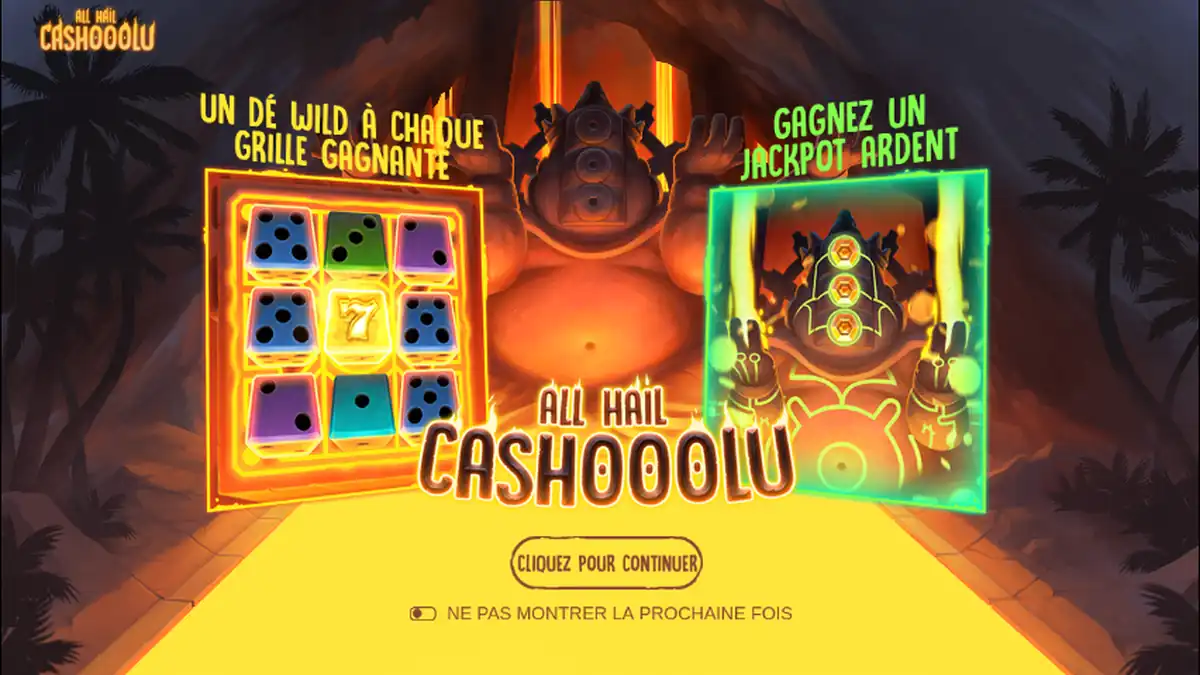 Diapositiva introductoria de All Hail Cashooolu sobre el bono y el jackpot