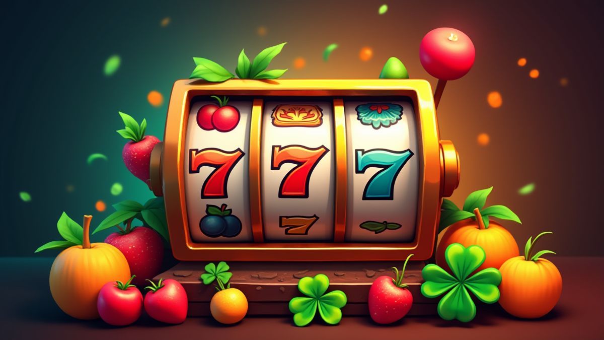 A slot machine surrounded by fruits and clovers.