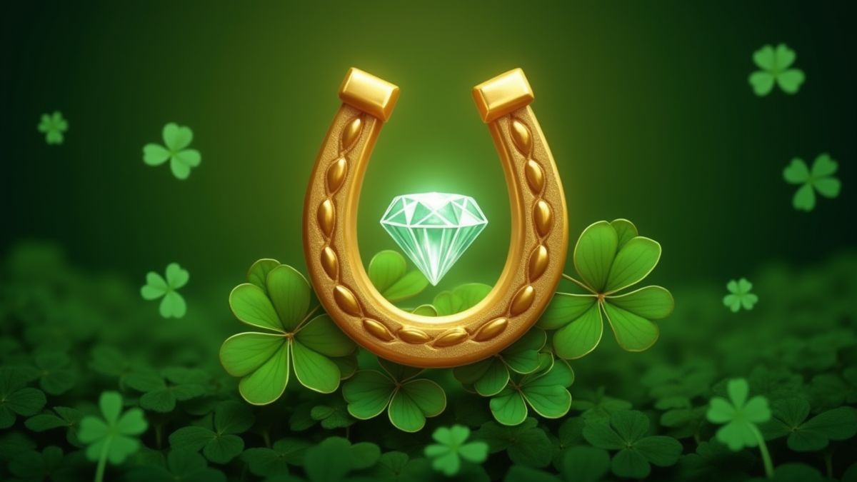 A golden horseshoe and a sparkling diamond surrounded by clovers.