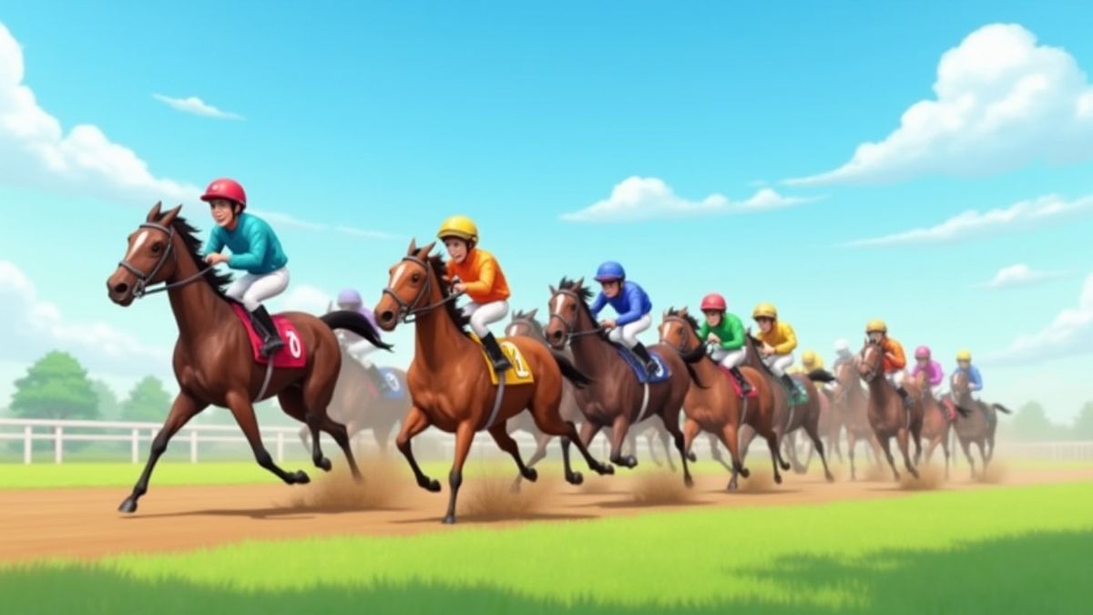 Jockeys animés courant sur des chevaux colorés