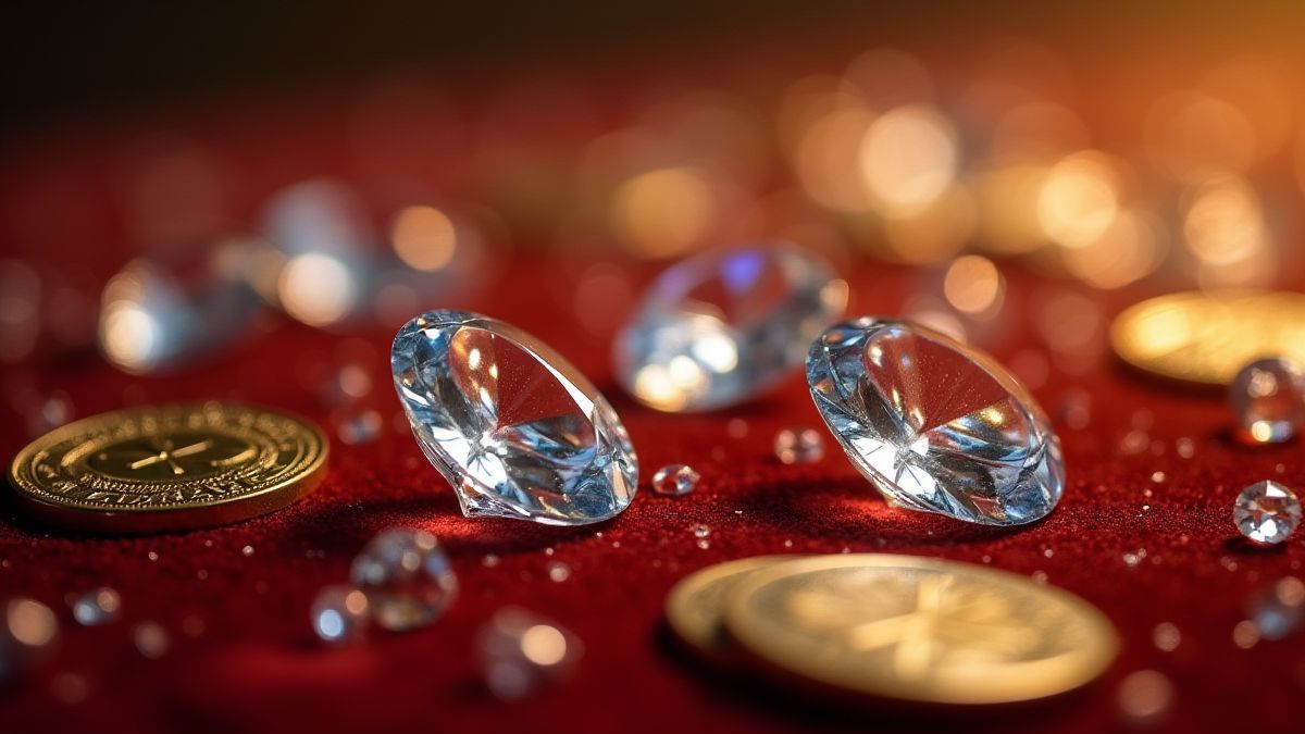 Diamantes y monedas de oro en una superficie de terciopelo.