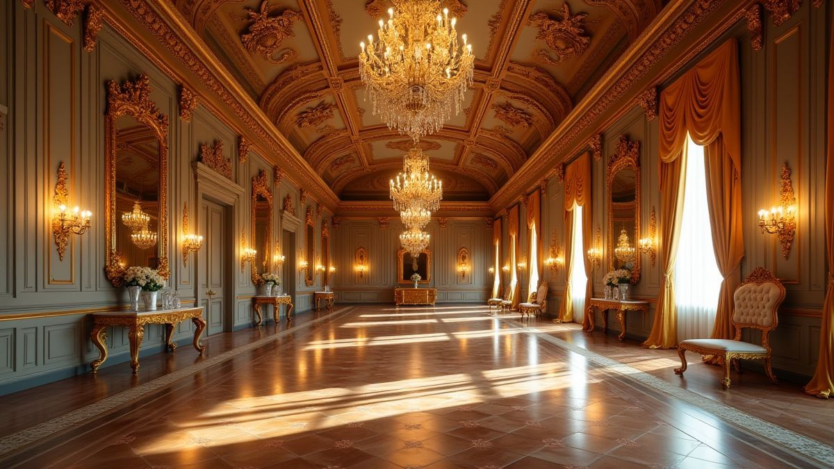 Habitación elegante con candelabros y decoraciones doradas.