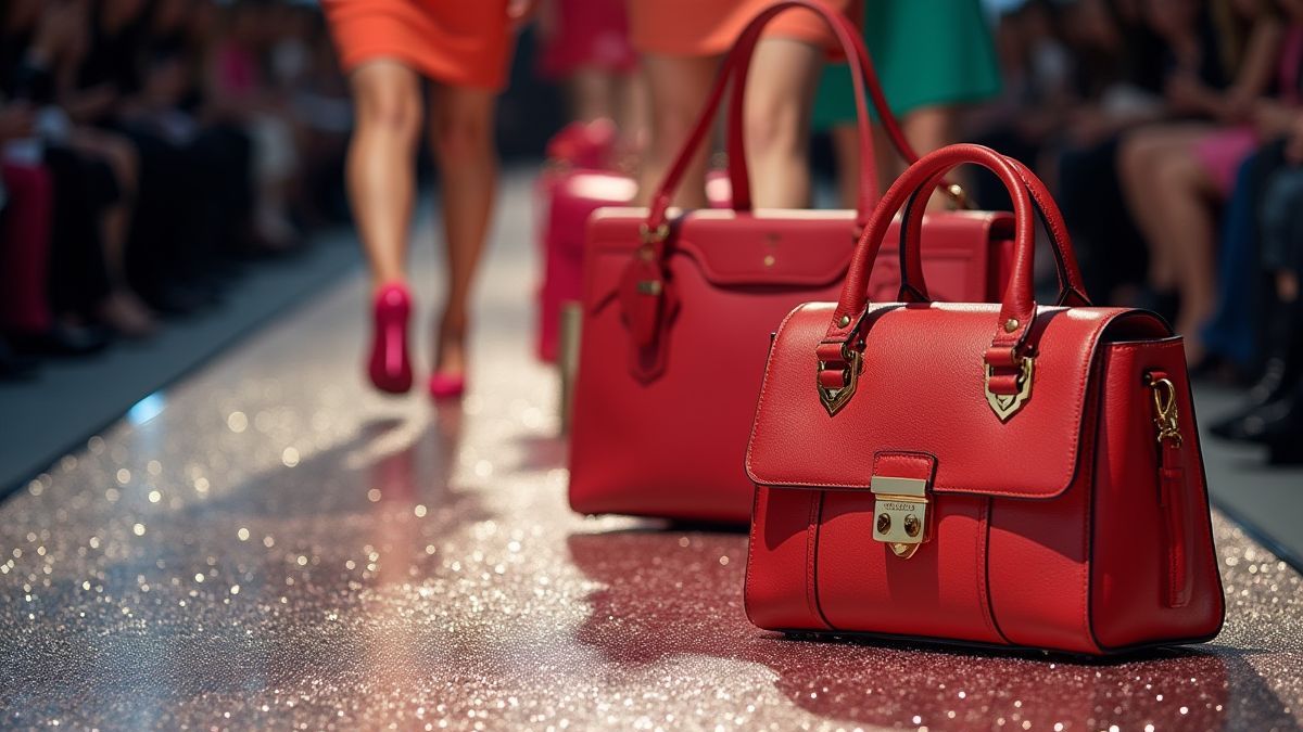 Designer tassen en hoge hakken op een sprankelende catwalk.